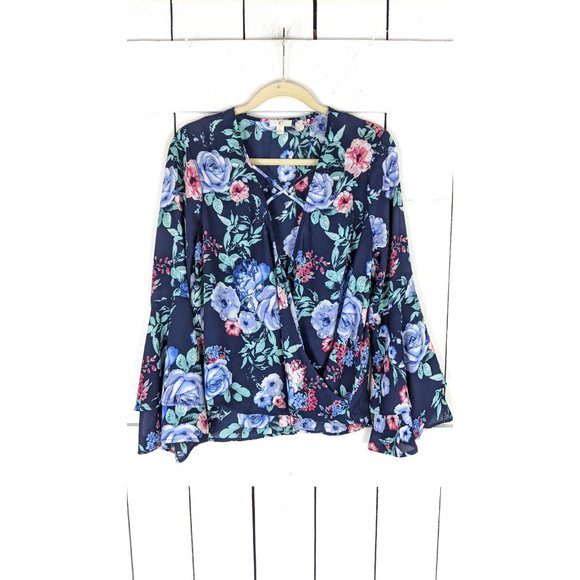 Sheer blue floral  long bell sleeve pullover billowy wrap around blouse - Picture 2 of 5